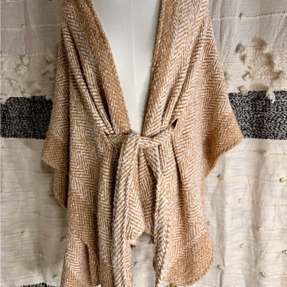Cozy Tan & Cream Knit Wrap Poncho Cardigan